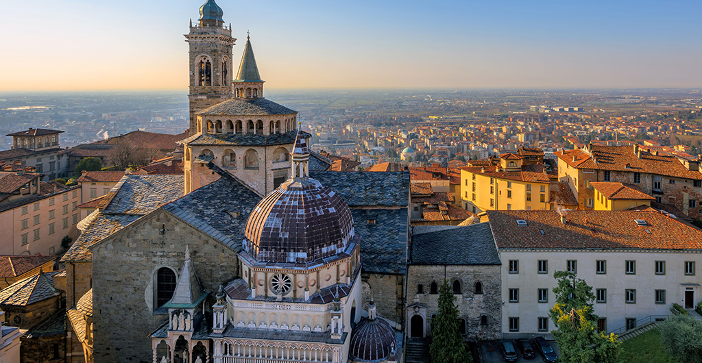 Panoramic view of Bergamo Upper Old Town with Cathedral, Lombardy, Italy
