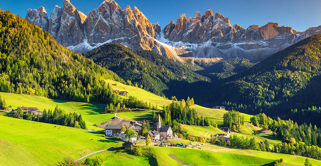 Famous best alpine place of the world, Santa Maddalena village with magical Dolomites mountains in background, Val di Funes valley, Trentino Alto Adige region, Italy, Europe
