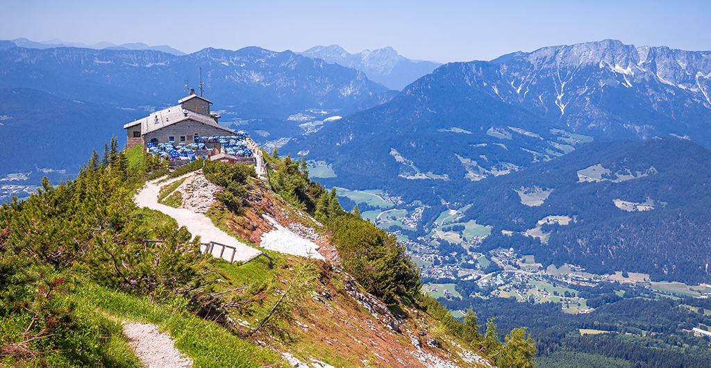 Eagle's Nest or Kehlsteinhaus hideout on the rock above Alpine landscape view, Berchtesgadener Land, Bavaria, Germany