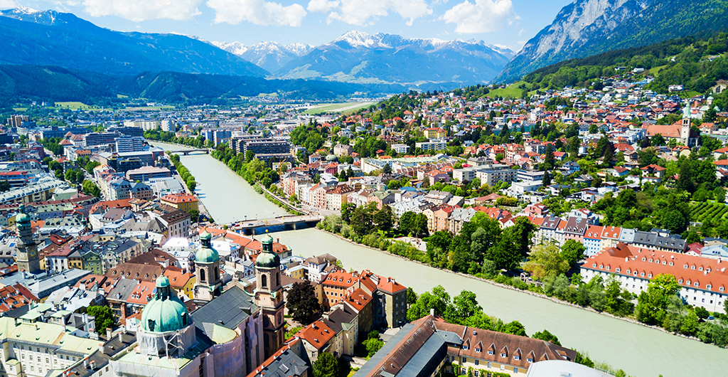 Inns river and Innsbruck city centre aerial panoramic view. Innsbruck is the capital city of Tyrol in western Austria