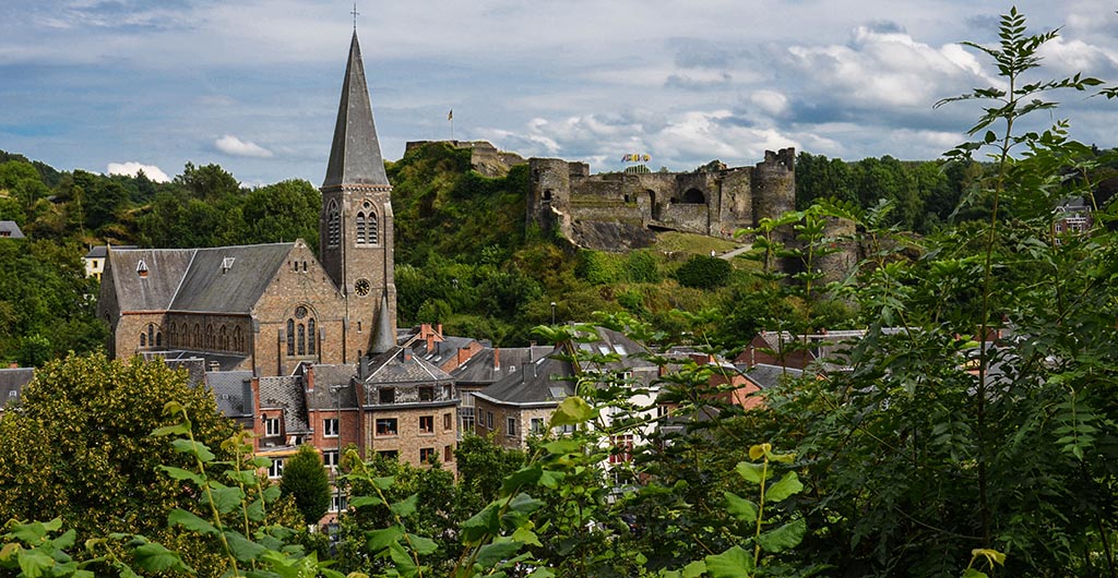 View over the Saint Nicholas Church and the Castle in La Roche-en-Ardenne, Belgium