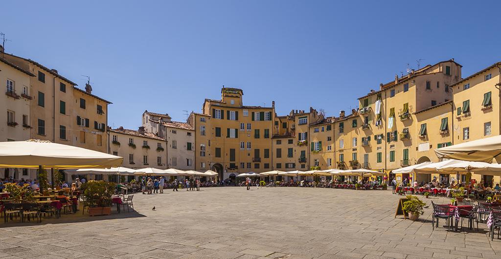Piazza Anfiteatro in Lucca, Tuscany (Italy) in a sunny day