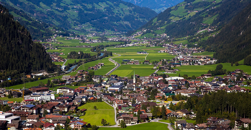 Aerial view of famous ski resort in Mayrhofen, Austria in autumn