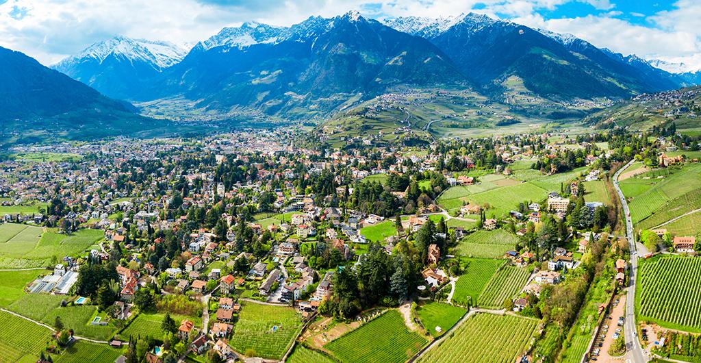 South Tyrol vineyards aerial panoramic view near Meran or Merano town in northern Italy