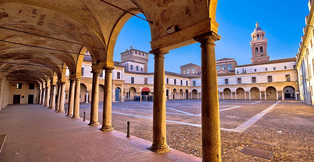 Piazza Castello in Mantova architecture view, European capital of culture and UNESCO world heritage site, Lombardy, Italy