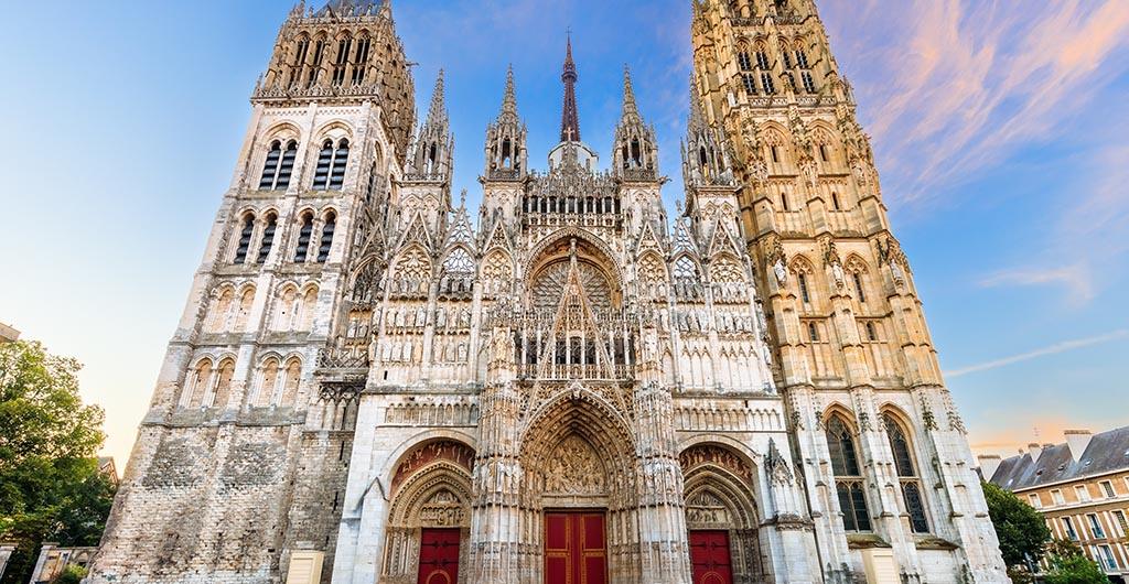 Rouen, Normandy, France. The west front of the Rouen Cathedral famous for its towers.