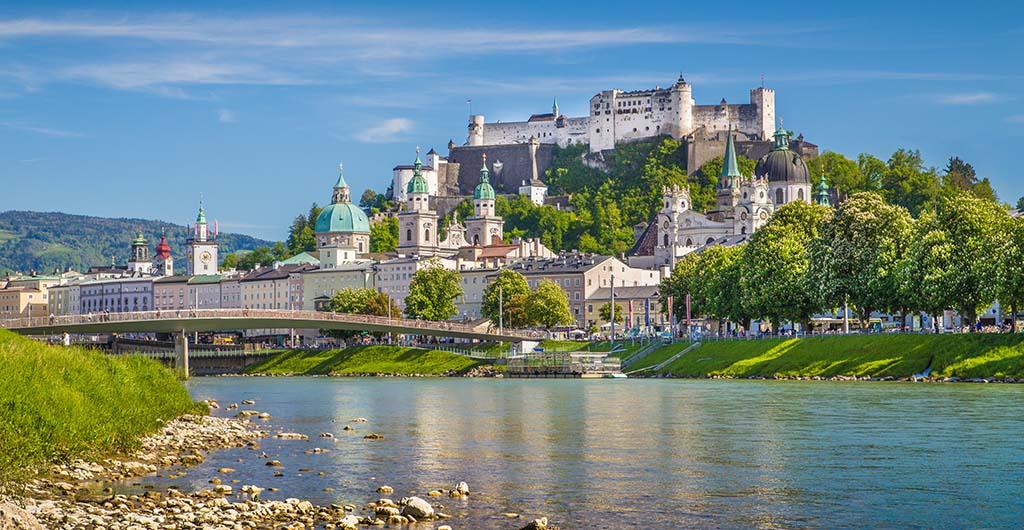 Beautiful view of Salzburg skyline with Festung Hohensalzburg and Salzach river in summer, Salzburg, Salzburger Land, Austria