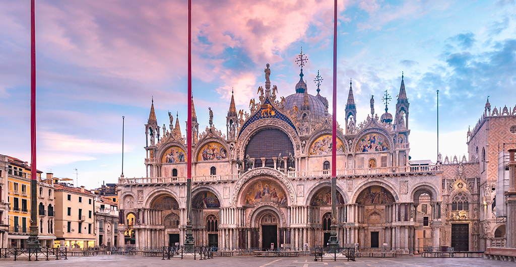 Cathedral Basilica of Saint Mark viewed from Piazza San Marco at sunrise, Venice, Italy.