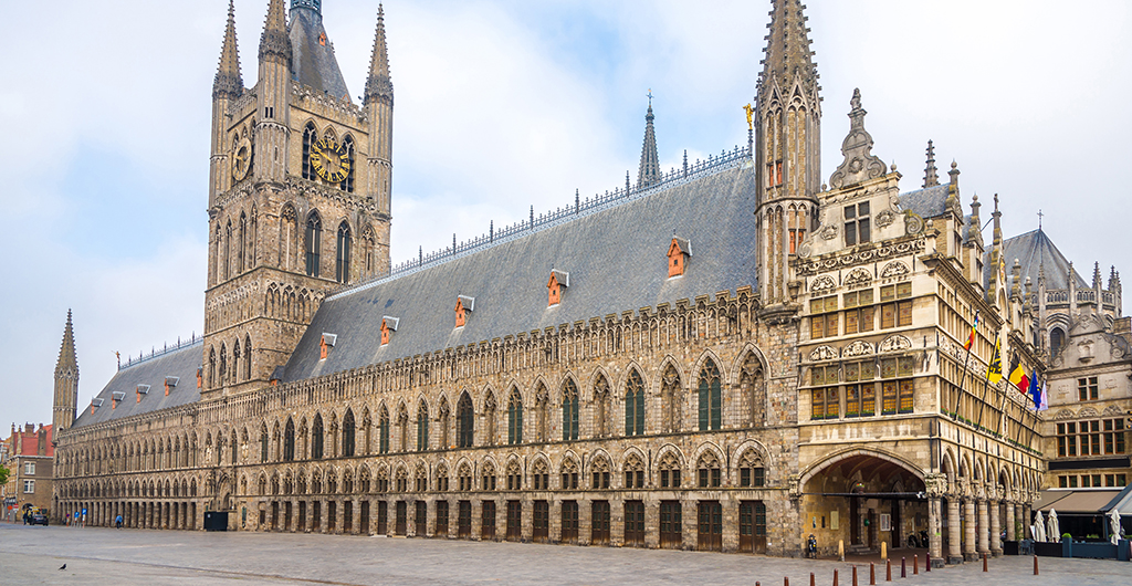 View at the Cloth hall and City hall at the Grote markt of Ypres - Belgium