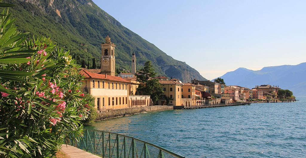Gargnano, Picturesque lakeside promenade with oleander
