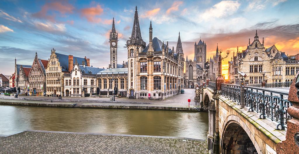 Ghent, Belgium old town cityscape from the Graslei are at dawn.