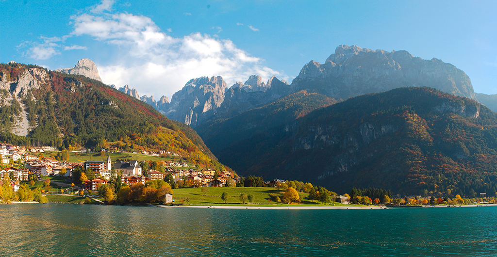 Panoramic View of Molveno lake in Dolomites, Italy