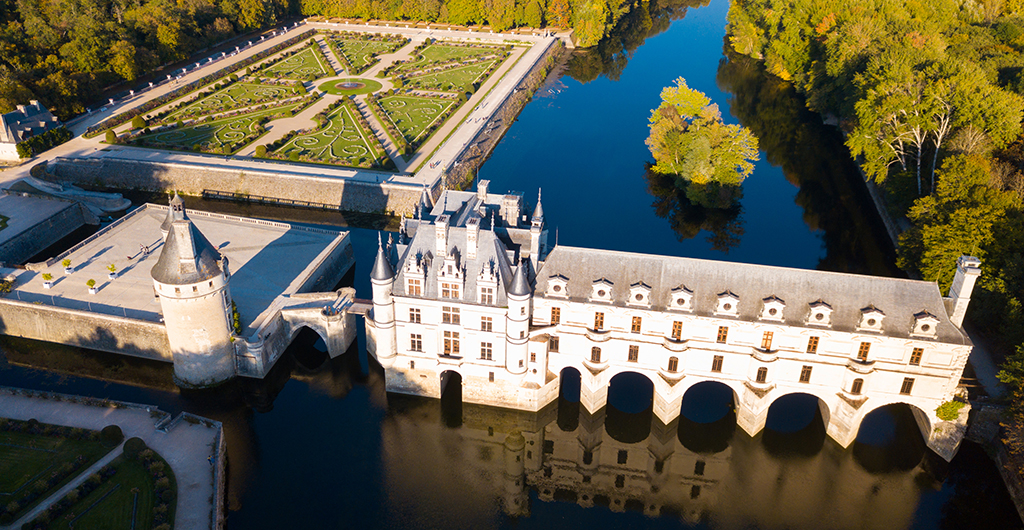 Beautiful view on the skyline of the historic city of Amboise with renaissance chateau across the river Loire. France