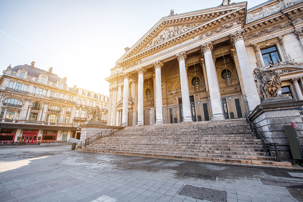 Morning view on the building that houses Brussels Stock Exchange in the center of the old town of Brussels, Belgium