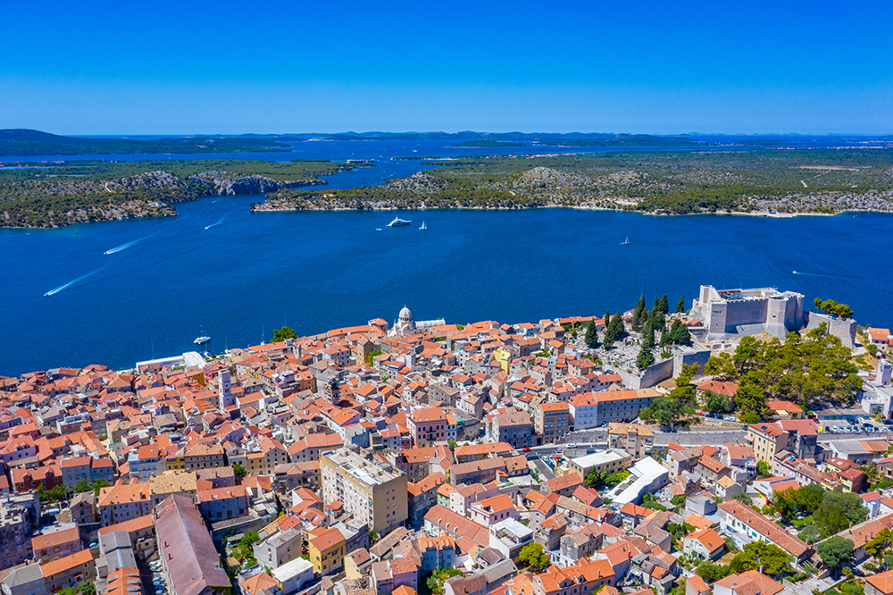 Aerial view of Croatian town Sibenik with Saint michael's fortress and Sveti Ante channel