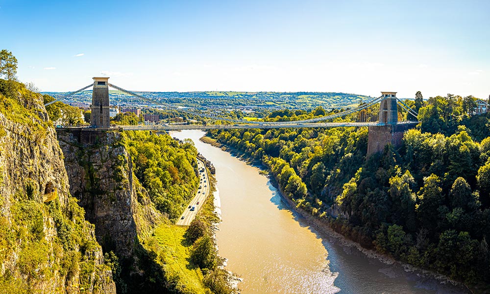 Aerial view of Clifton suspension bridge in Bristol, UK