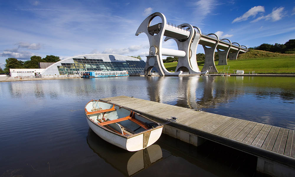 The Falkirk Wheel, a rotating boat lift linking the Forth and Clyde Canals with the Union Canal in Central Scotland.