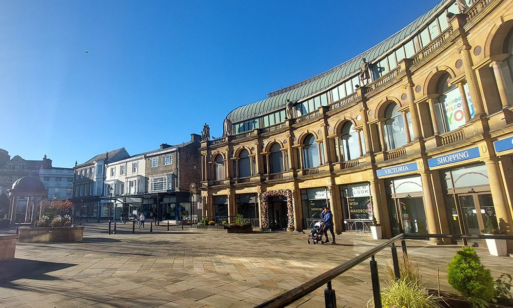 View of the Victoria Shopping centre in Harrogate North Yorkshire on a sunny day.