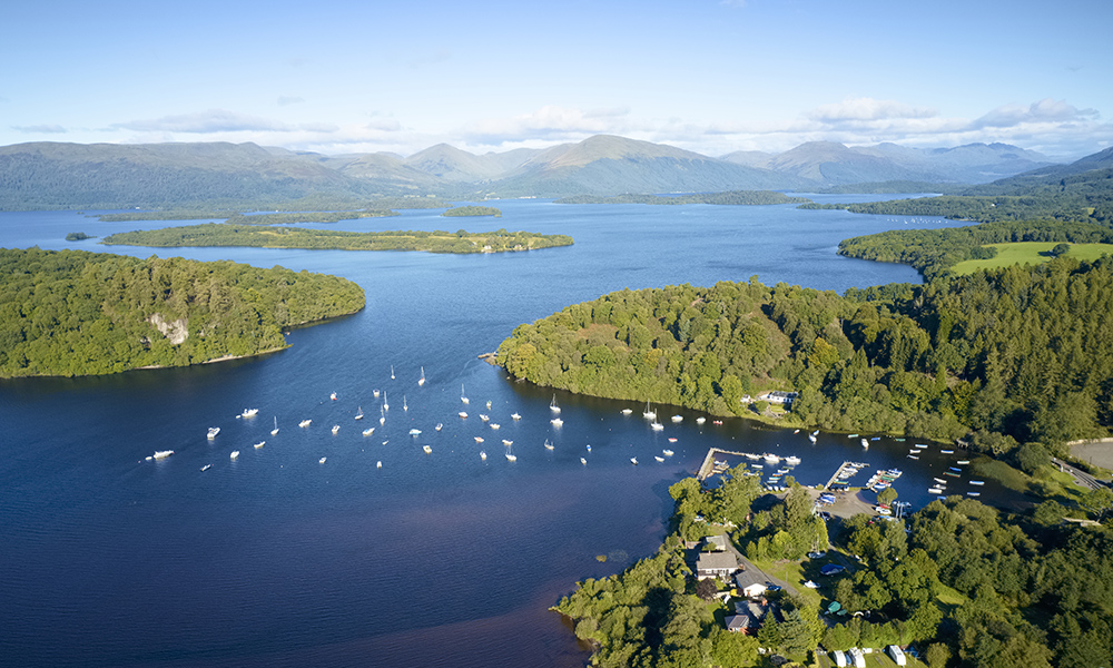 Aerial view of Balmaha Scottish village at Loch Lomond UK
