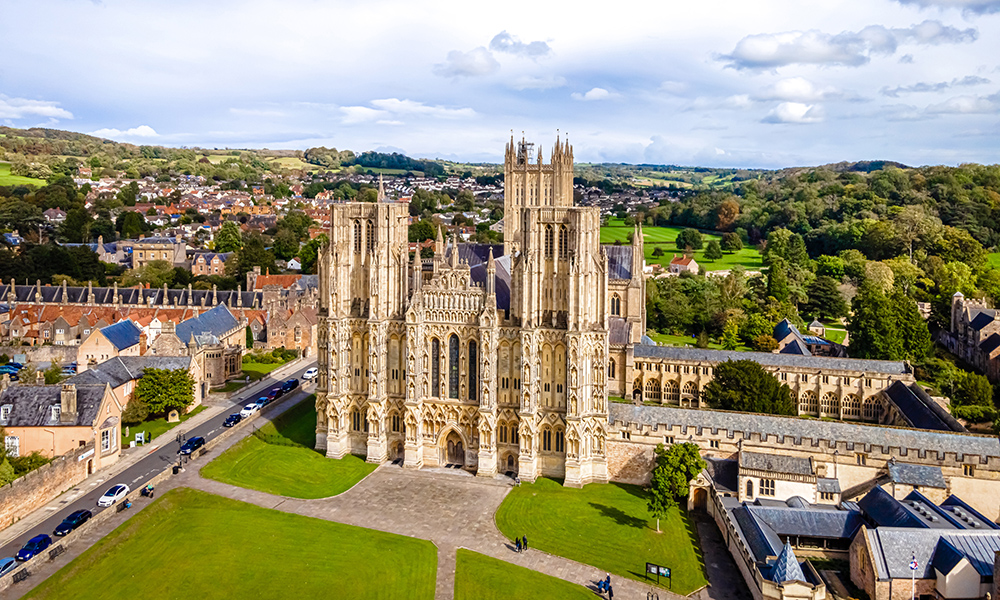View of Wells Cathedral is in Wells, Somerset, England, UK