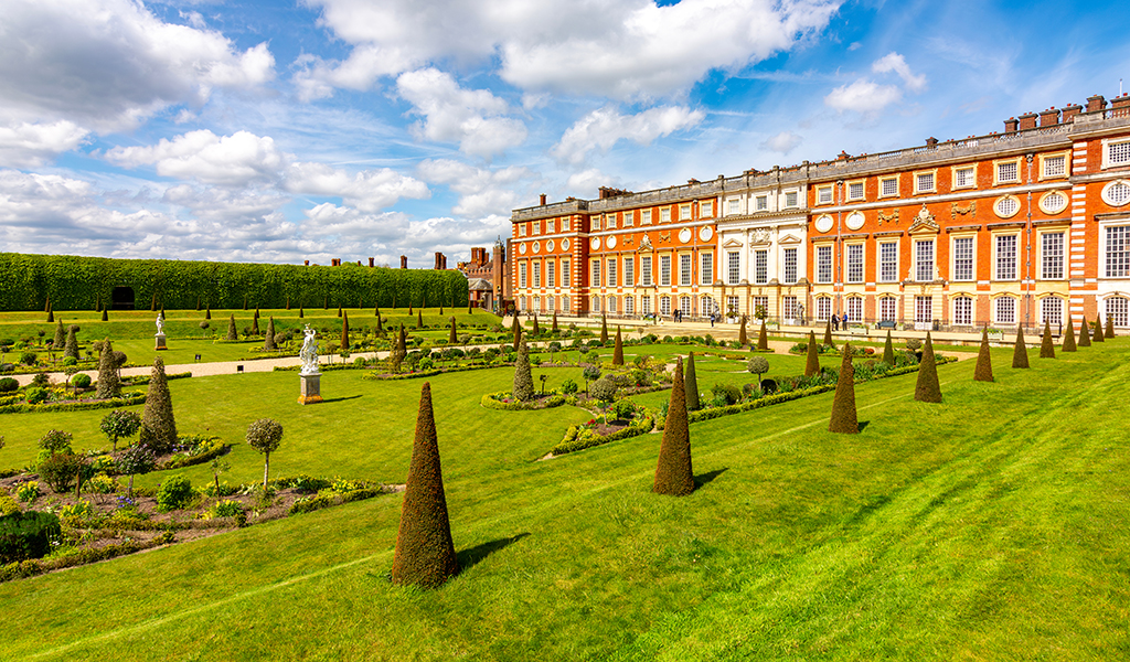 Hampton Court palace and gardens in spring, London, UK