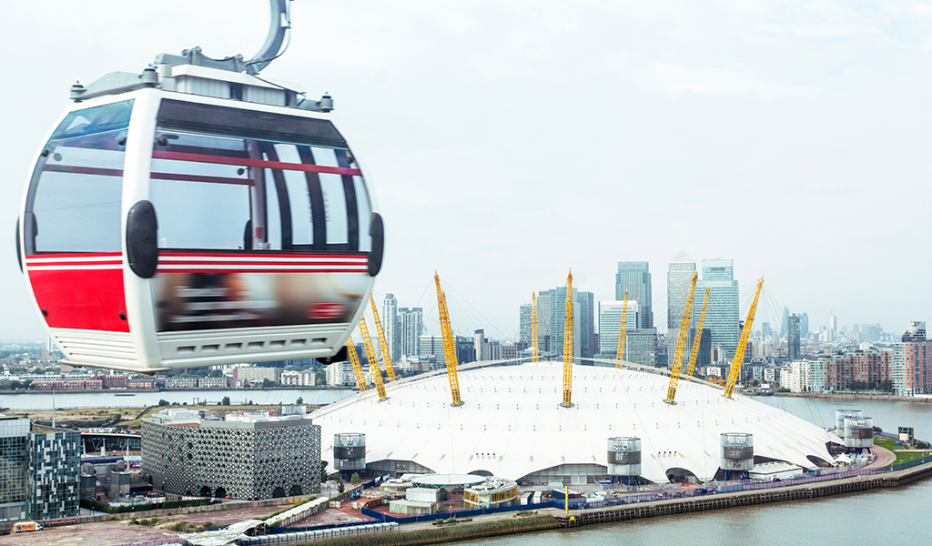 Cable car and London skyline.