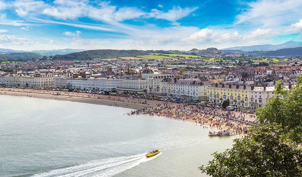 Panoramic view of beach in llandudno in Wales in a beautiful summer day, United Kingdom