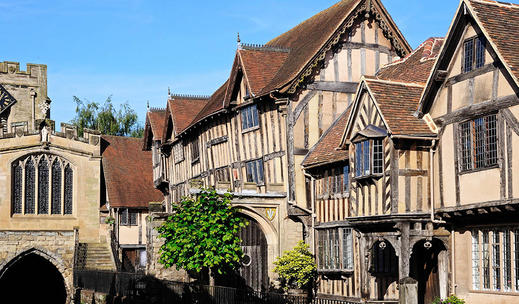 View of the Lord Leycester Hospital and St James Chapel along High Street, Warwick, Warwickshire, England, UK, Western Europe.