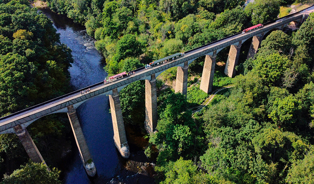 Aerial view of the Pontcysyllte Aqueduct that carries the Llangollen Canal across the River Dee in the Vale of Llangollen in northeast Wales.