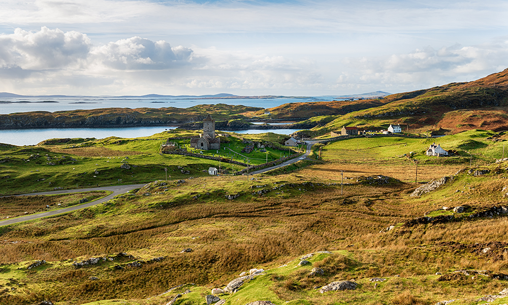 Looking out over St Clement's Church at Rodel on the Isle of Harris in Scotland