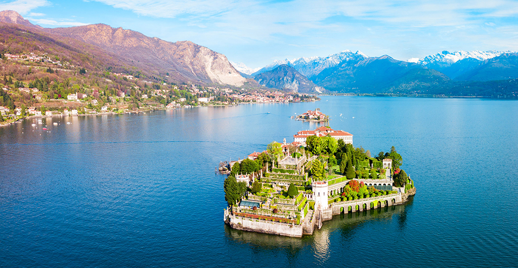 Isola Bella and Stresa town aerial panoramic view. Isola Bella is one of the Borromean Islands of Lago Maggiore in north Italy.